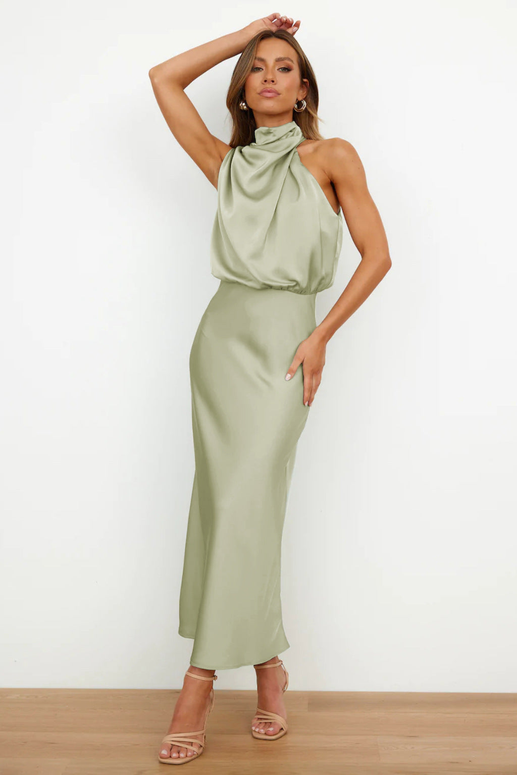 Womens Satin Halter Midi Dress
