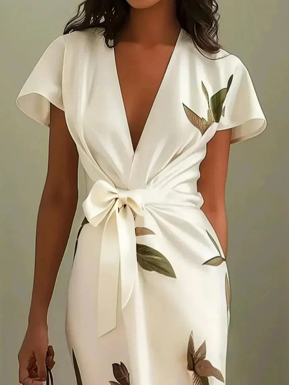 Wrap Dress V-Neck Flutter Sleeve Ribbon Belt Floral