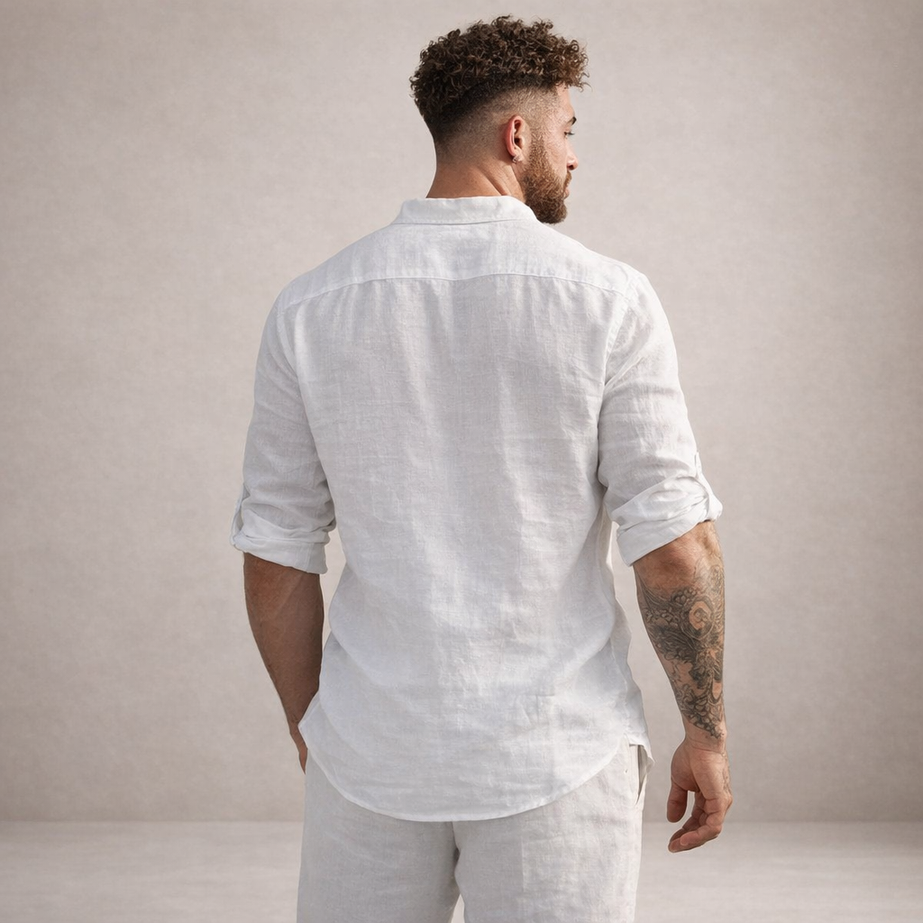 Men's Linen Shirt Regular Fit Breathable Stand-Up Collar Long Sleeves