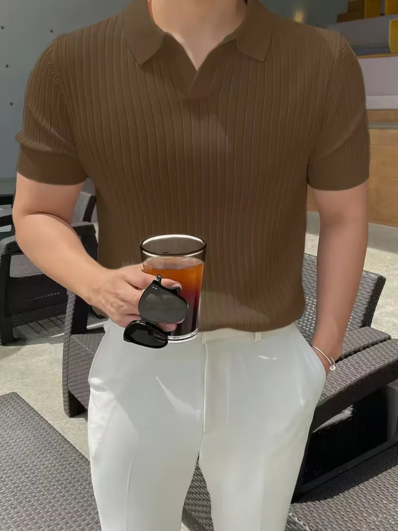 Mens V Neck Ribbed Texture Polo