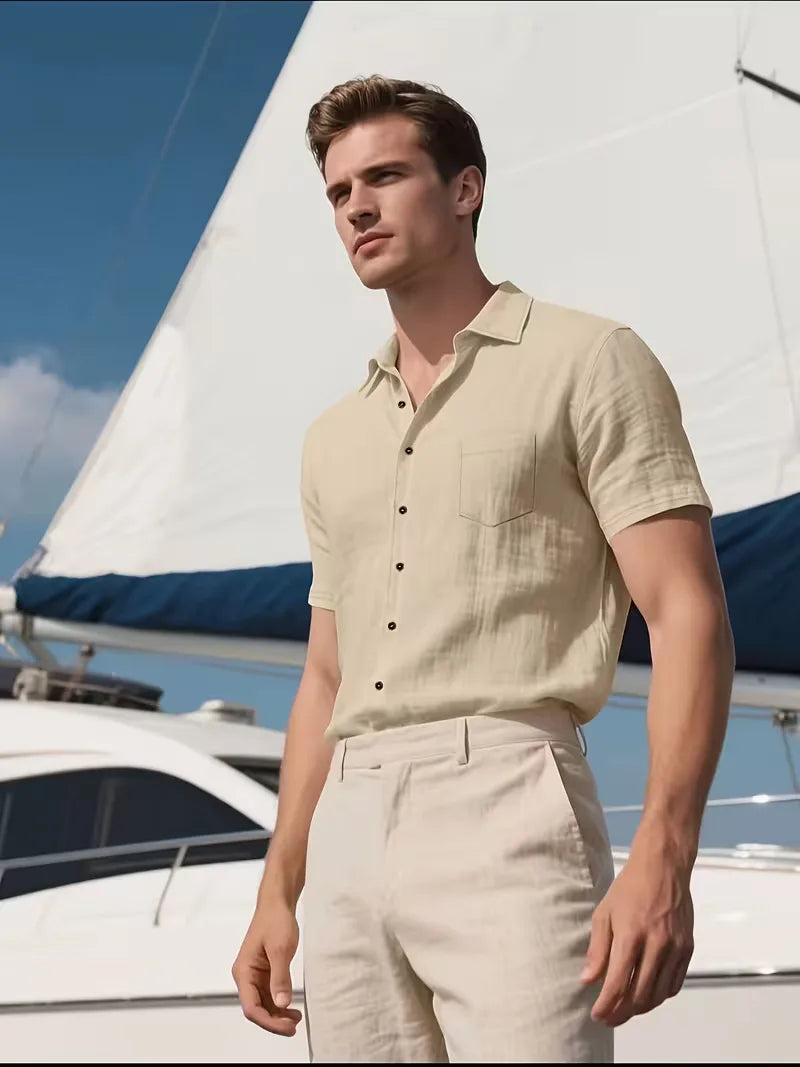 Mens Short Sleeve Linen Shirt Chest Pocket