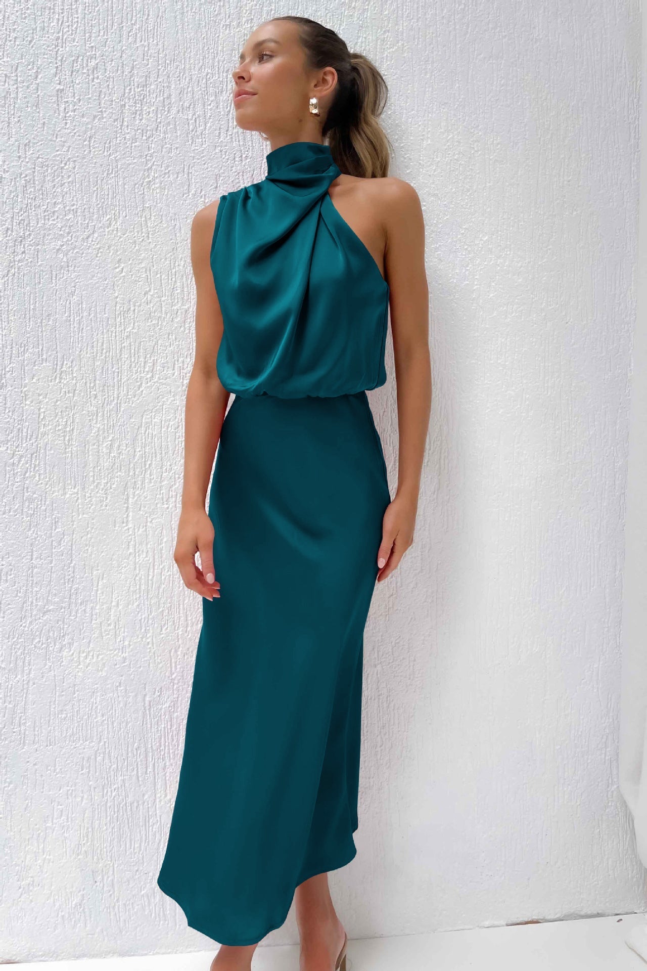 Womens Satin Halter Midi Dress