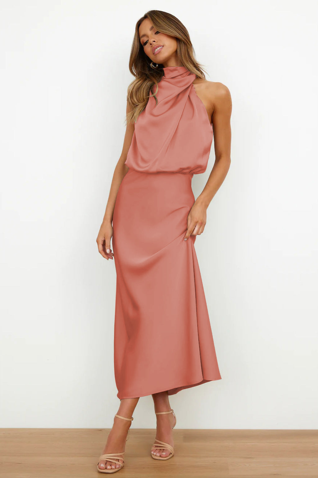 Womens Satin Halter Midi Dress