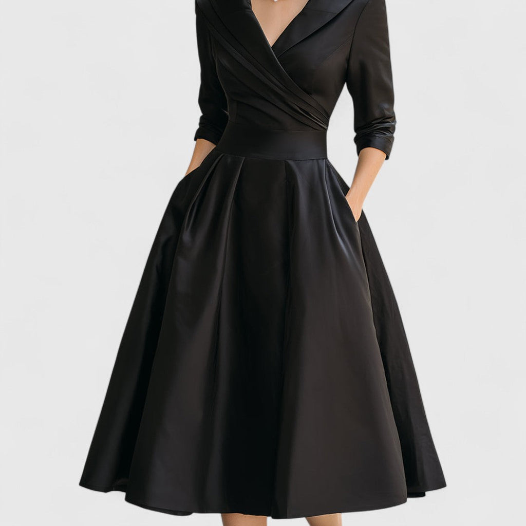 Midi Dress V-Neck Wrap Bodice Flared Skirt Pockets