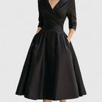 Midi Dress V-Neck Wrap Bodice Flared Skirt Pockets