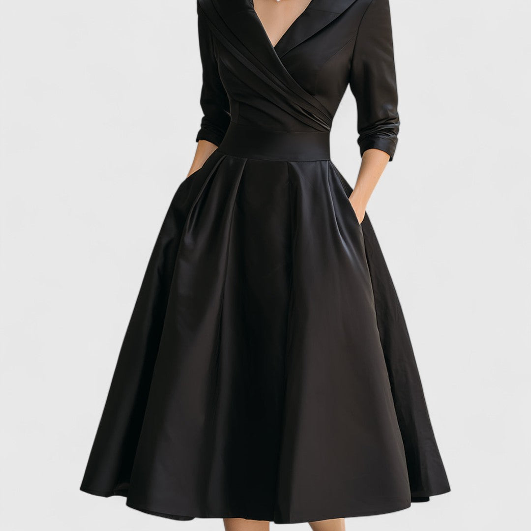 Midi Dress V-Neck Wrap Bodice Flared Skirt Pockets