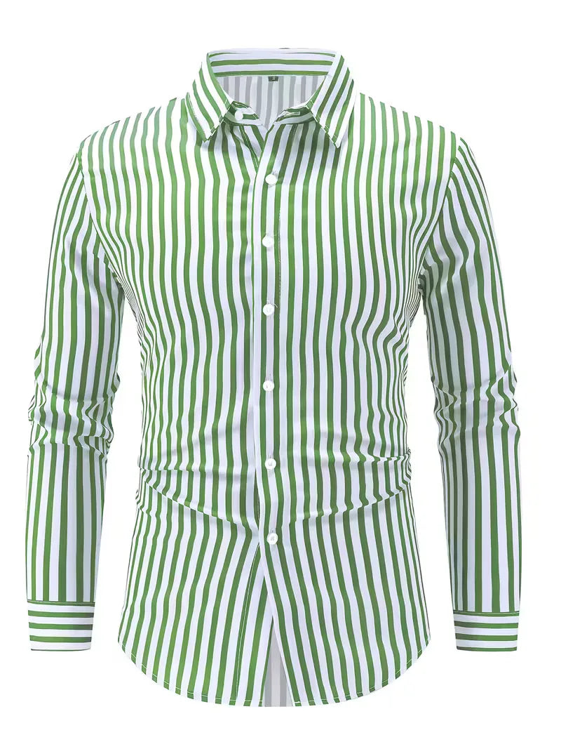 Mens Vertical Stripe Dress Shirt Mandarin Collar