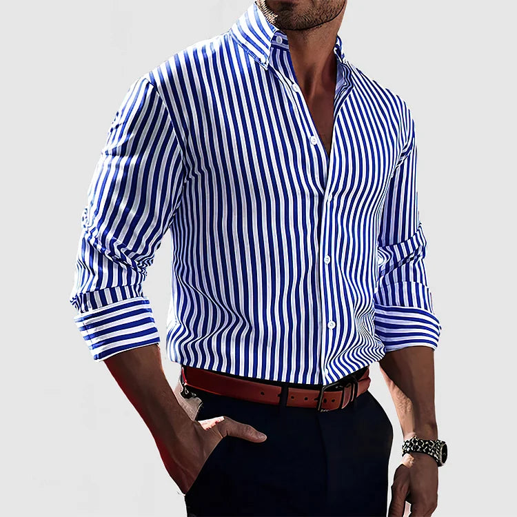 Mens Striped Button Down Shirt Long Sleeve Four Color