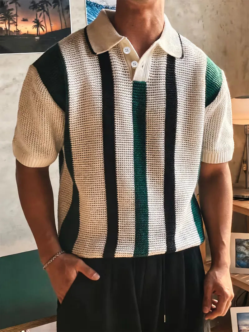 Mens Short Sleeve V Neck Striped Polo
