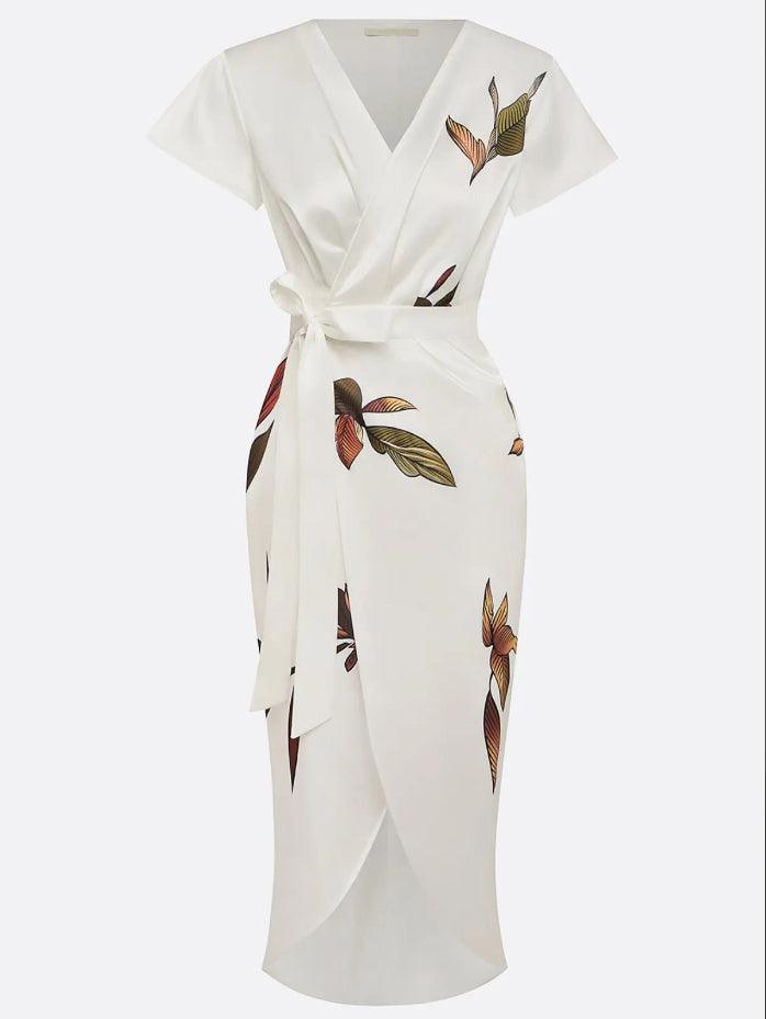 Wrap Dress V-Neck Flutter Sleeve Ribbon Belt Floral
