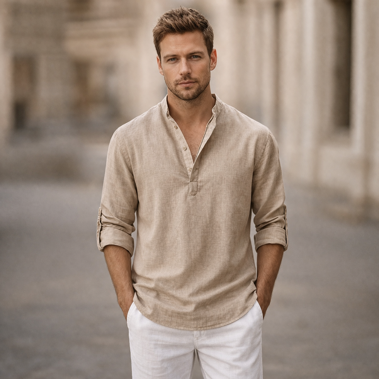 Mens Cotton Shirt Relaxed Fit Long Sleeve Five Color
