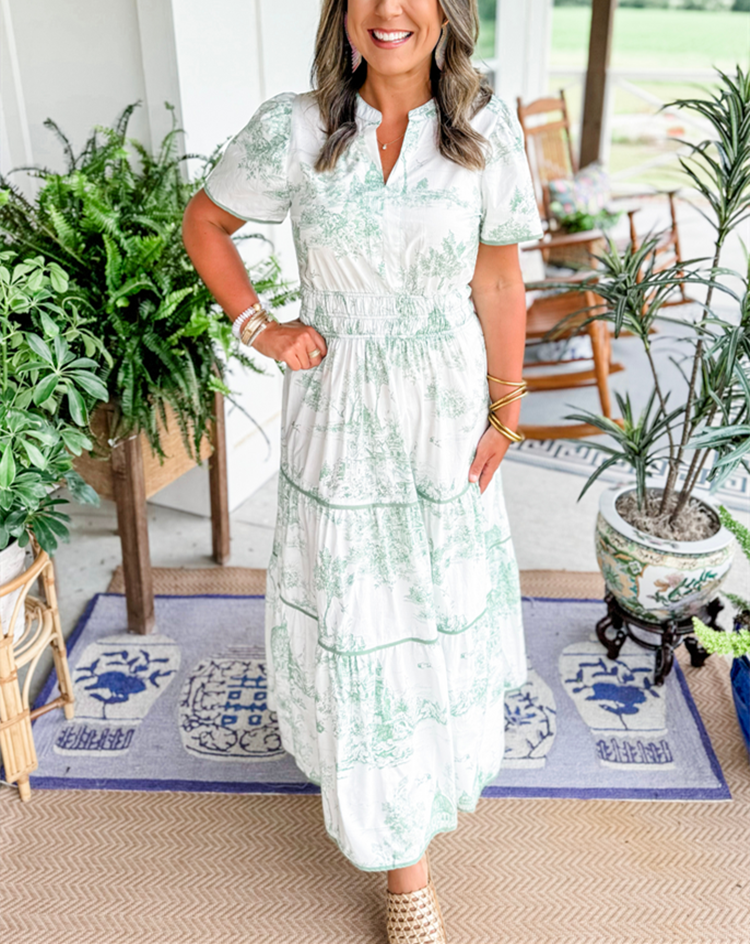Toile Print Maxi Dress Tiered Smocked Waist