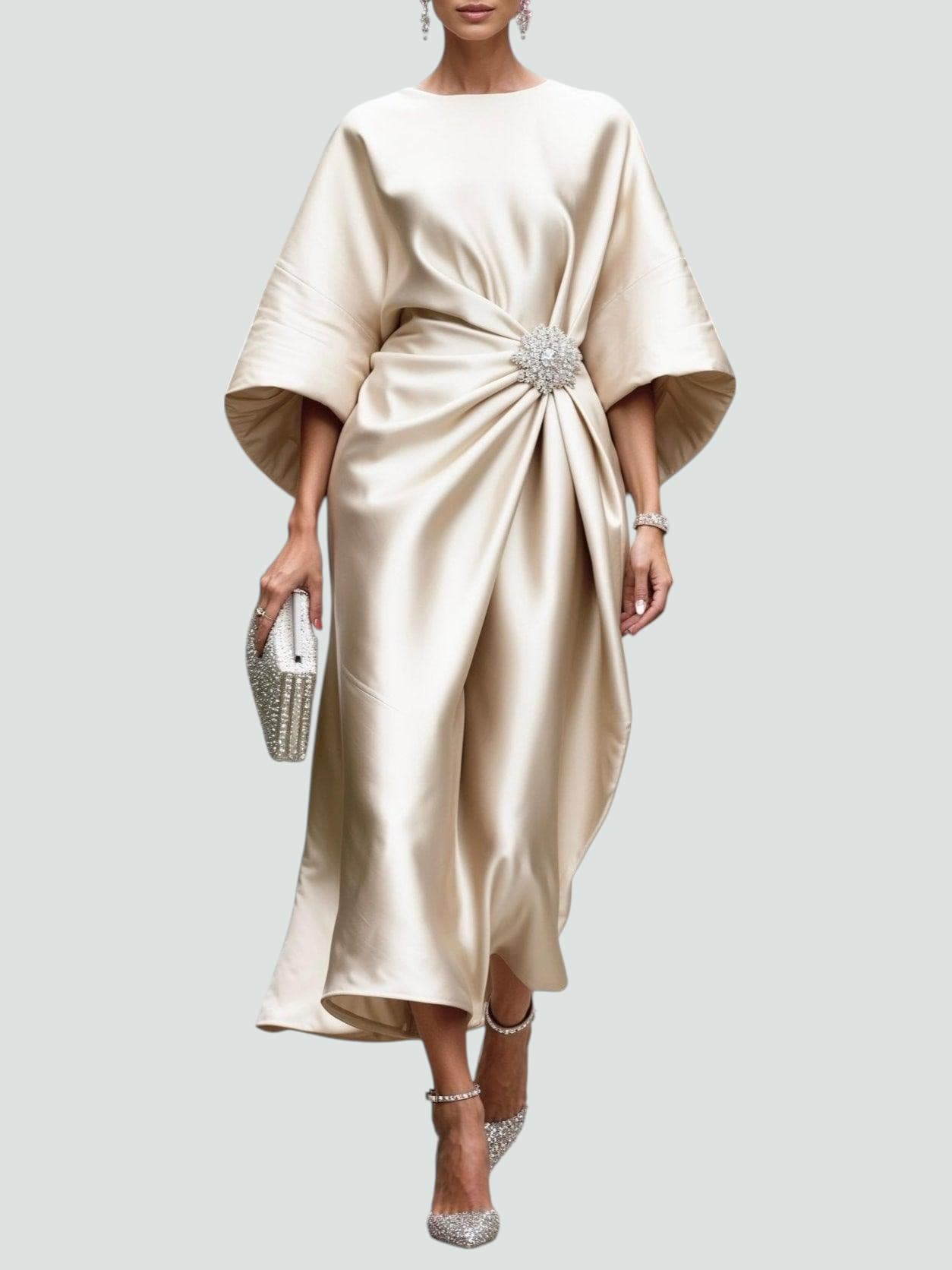 Satin Midi Dress Kimono Sleeve Gathered Waist Brooch
