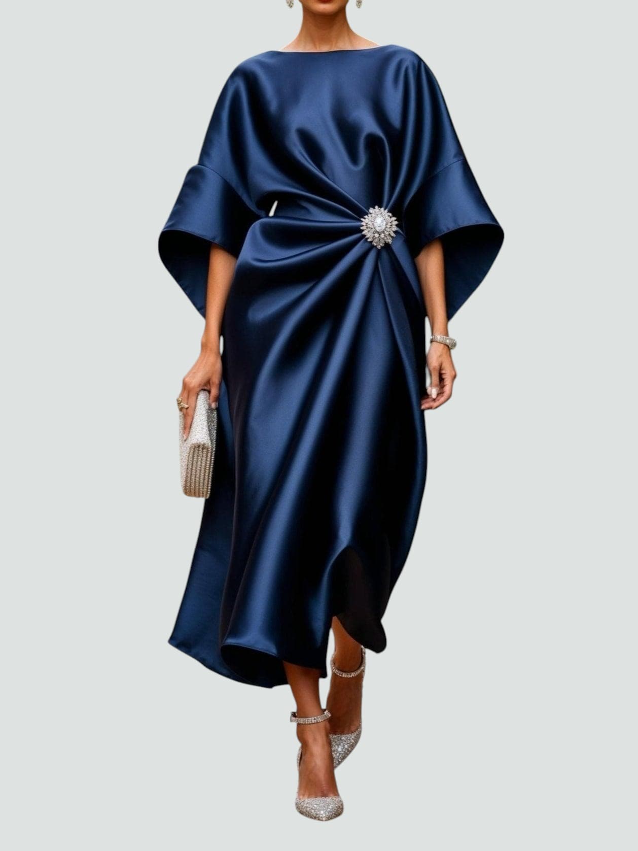 Satin Midi Dress Kimono Sleeve Gathered Waist Brooch