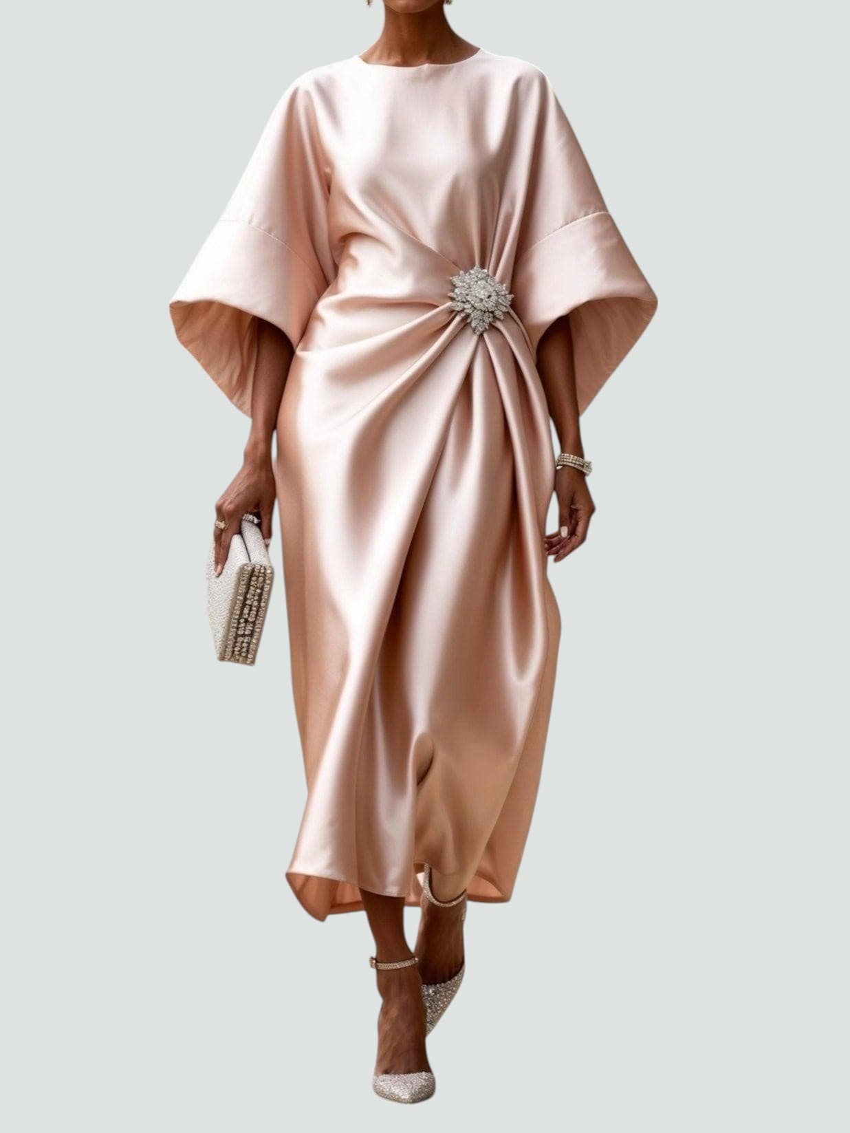 Satin Midi Dress Kimono Sleeve Gathered Waist Brooch