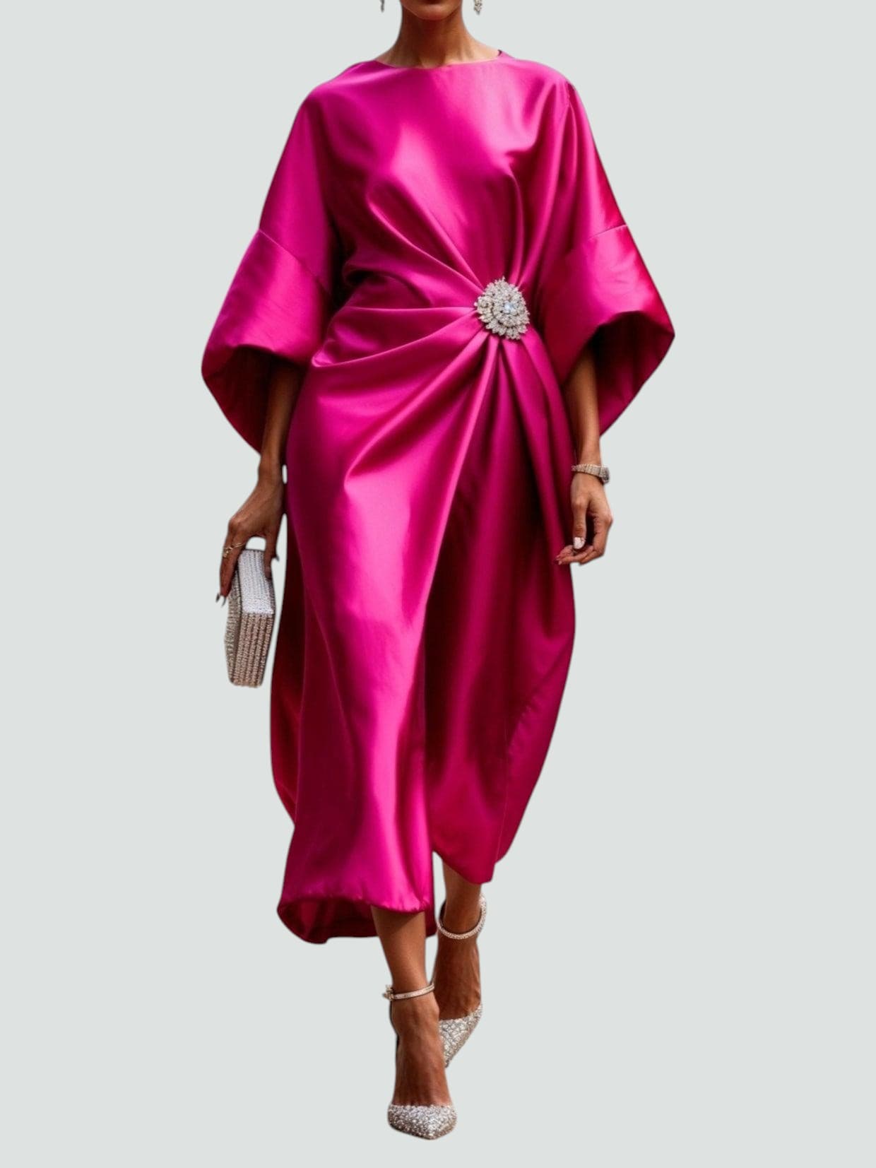 Satin Midi Dress Kimono Sleeve Gathered Waist Brooch
