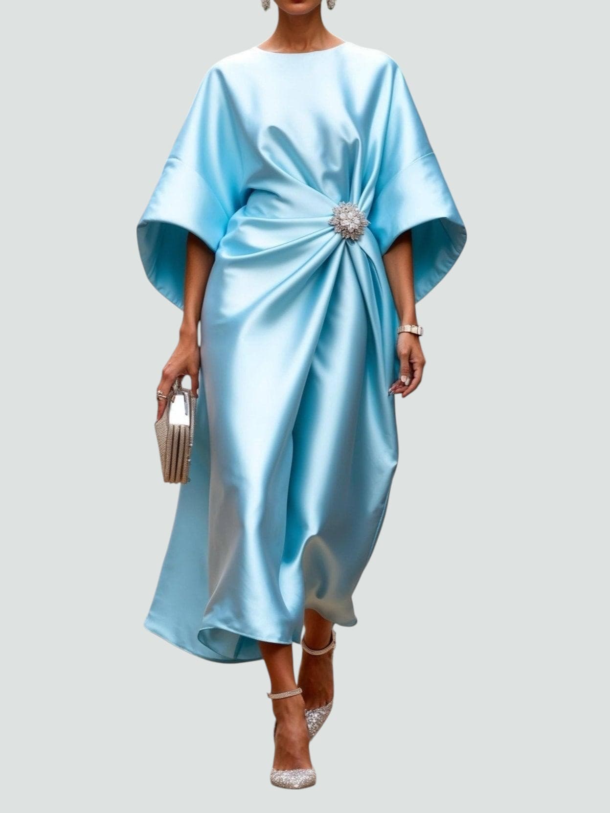 Satin Midi Dress Kimono Sleeve Gathered Waist Brooch