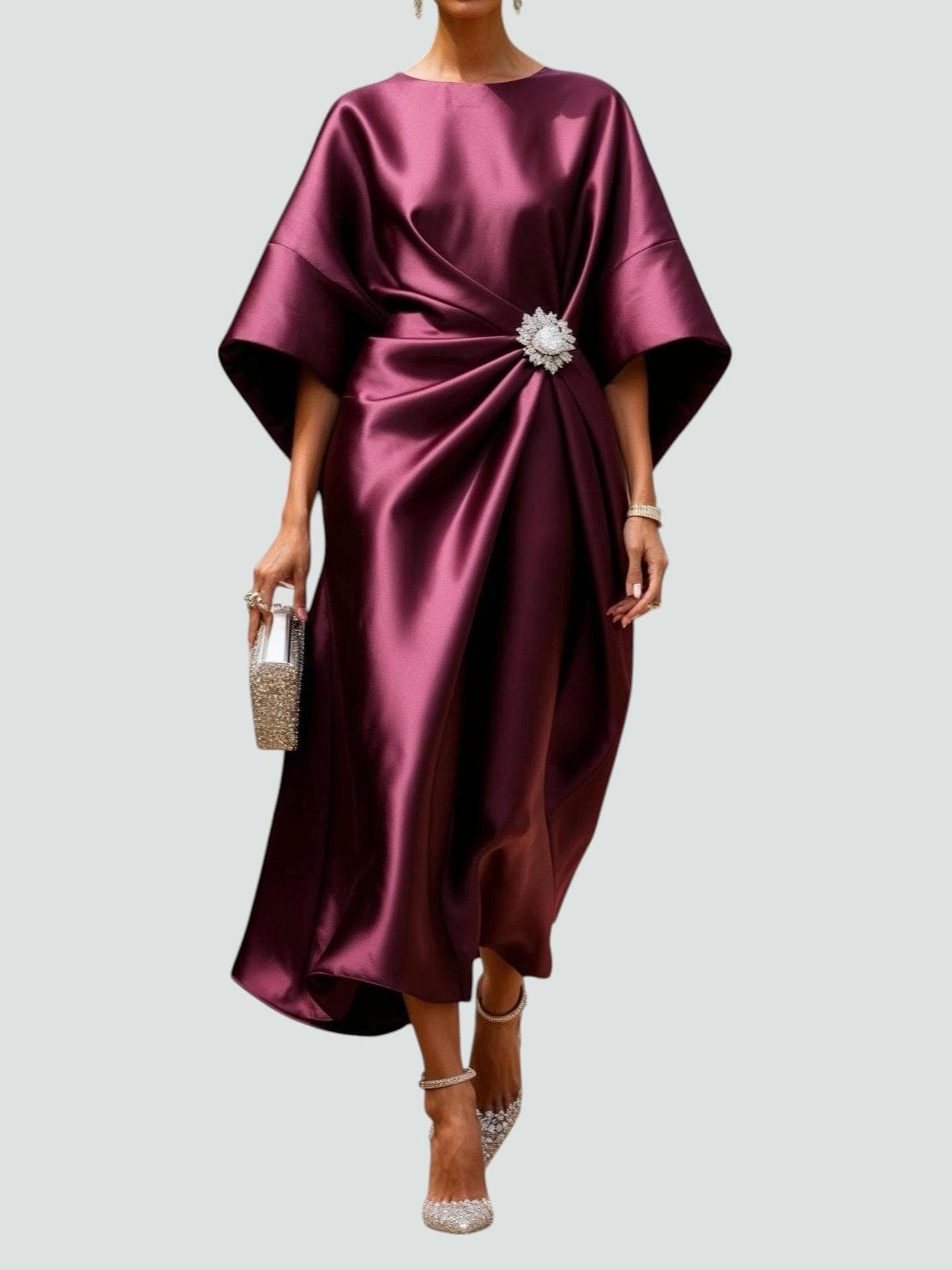 Satin Midi Dress Kimono Sleeve Gathered Waist Brooch