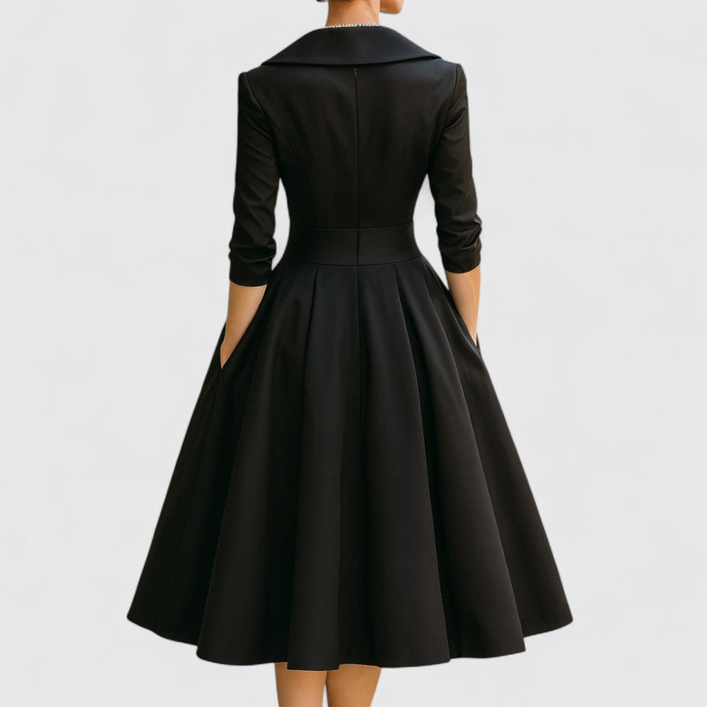 Midi Dress V-Neck Wrap Bodice Flared Skirt Pockets