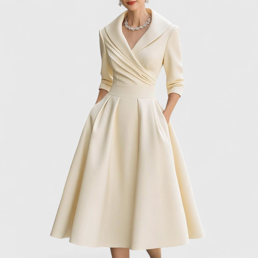 Midi Dress V-Neck Wrap Bodice Flared Skirt Pockets