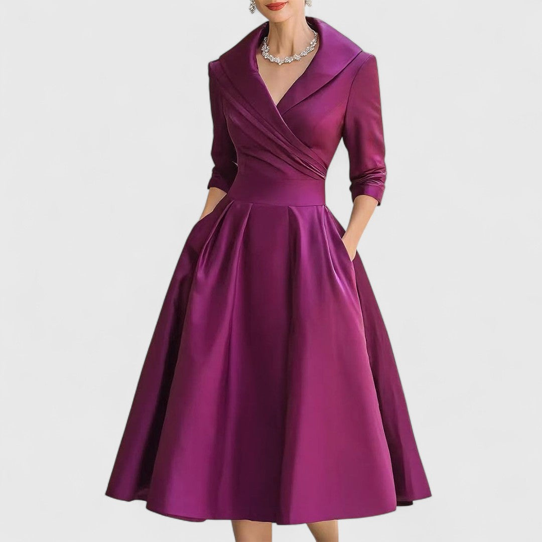 Midi Dress V-Neck Wrap Bodice Flared Skirt Pockets