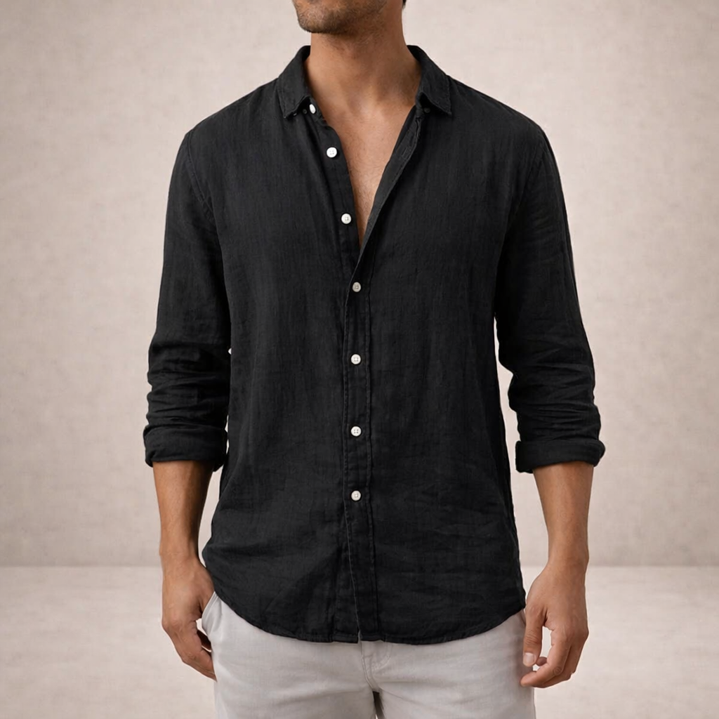 Mens Linen Shirt Open Collar Long Sleeve Regular Fit