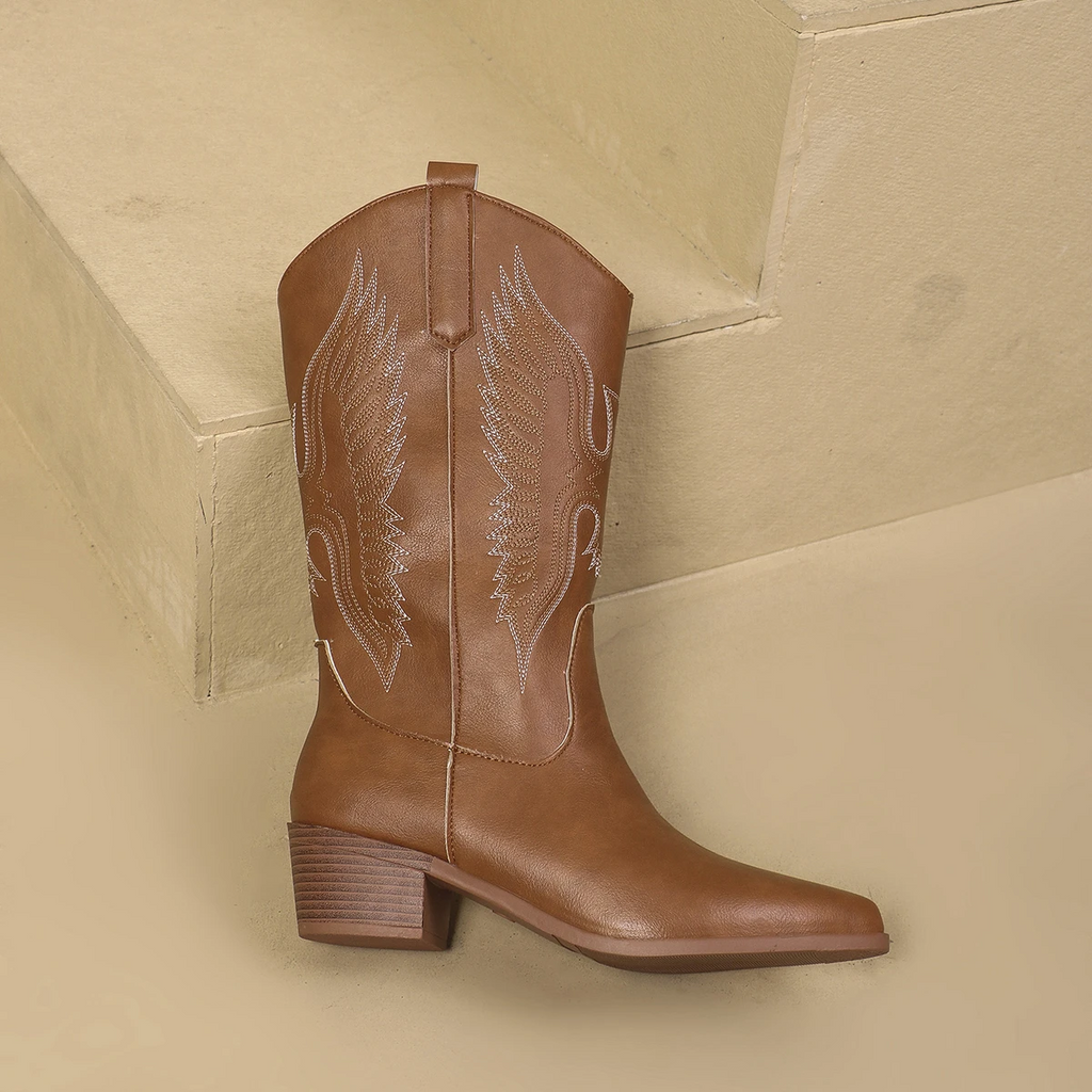 Mid Calf Cowboy Boots Embroidered Block Heel Western