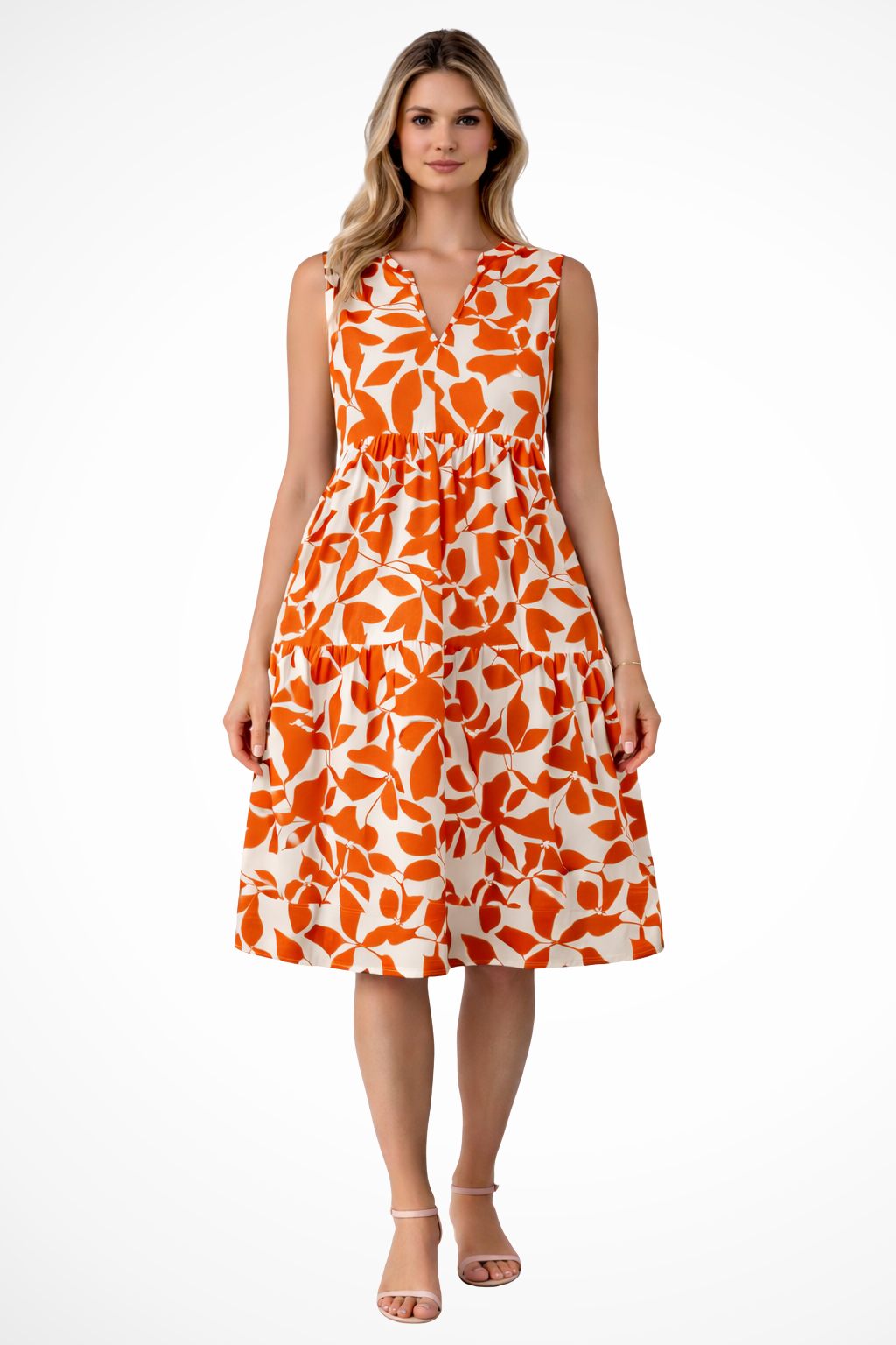 Womens Midi Summer Dress V Neck Leaf Print Four Color