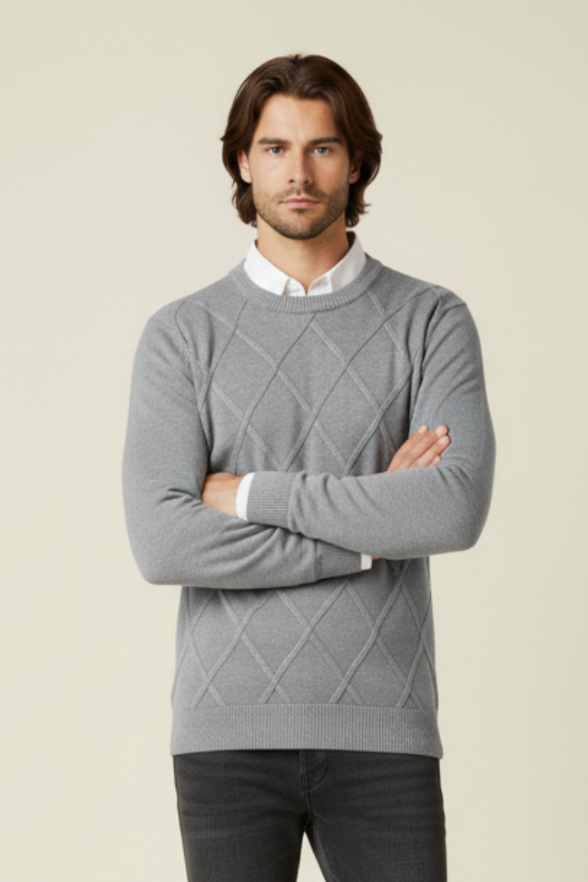 Fall Diamond Knit Cashmere Sweater — Classic Crew Neck Pullover for Layering