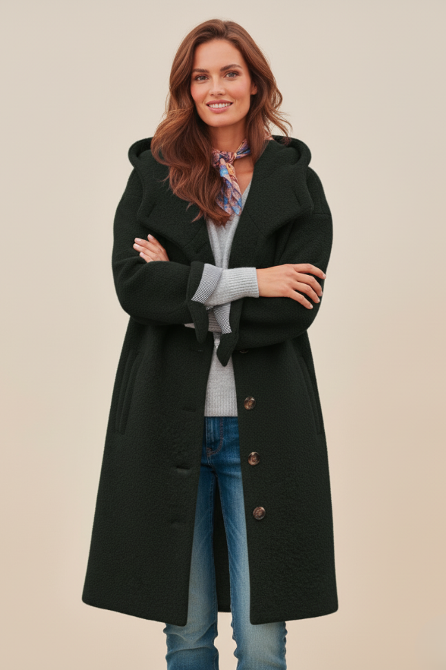 Fall Wool Blend Oversized Coat — Button-Front Hooded Outerwear