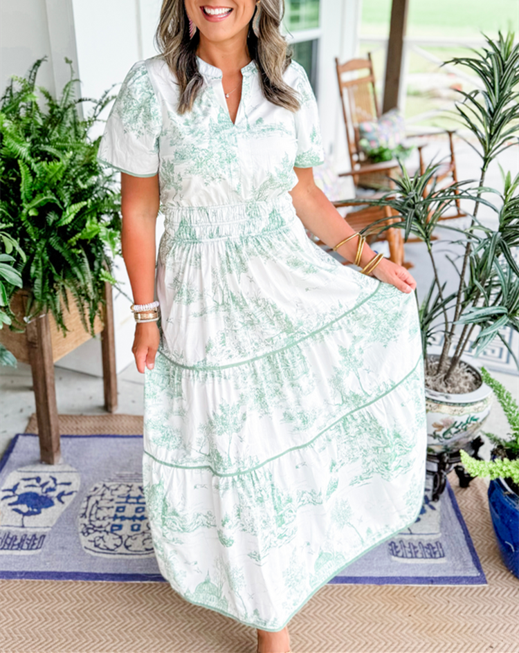 Toile Print Maxi Dress Tiered Smocked Waist