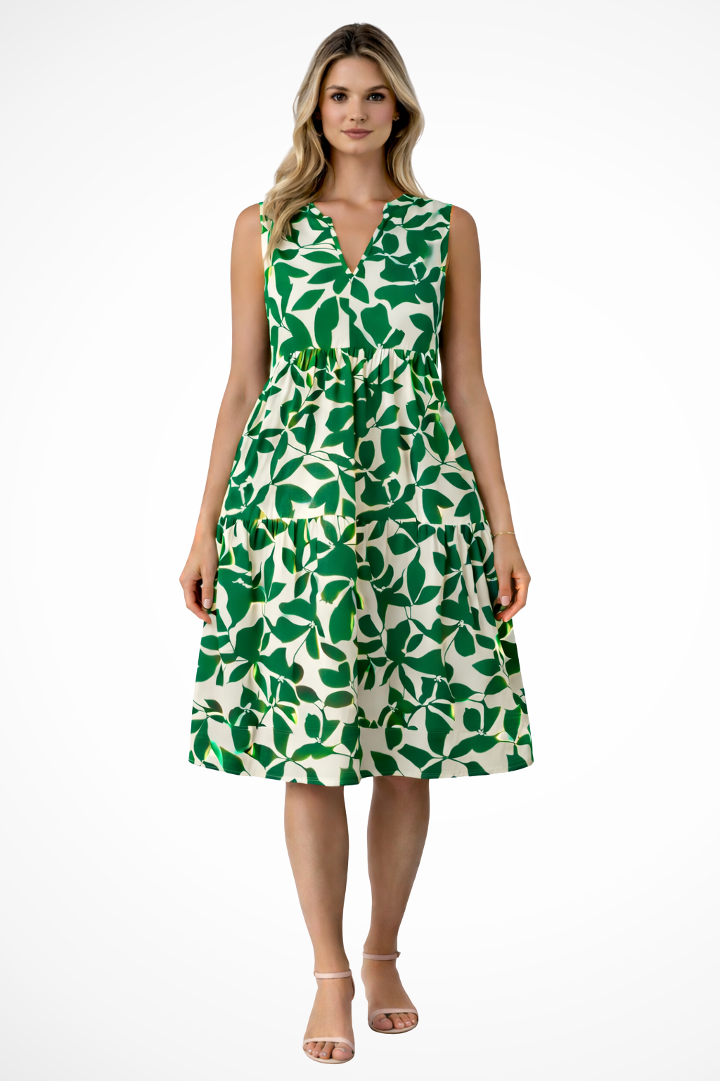 Womens Midi Summer Dress V Neck Leaf Print Four Color