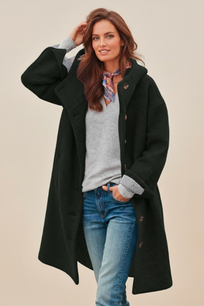 Fall Wool Blend Oversized Coat — Button-Front Hooded Outerwear