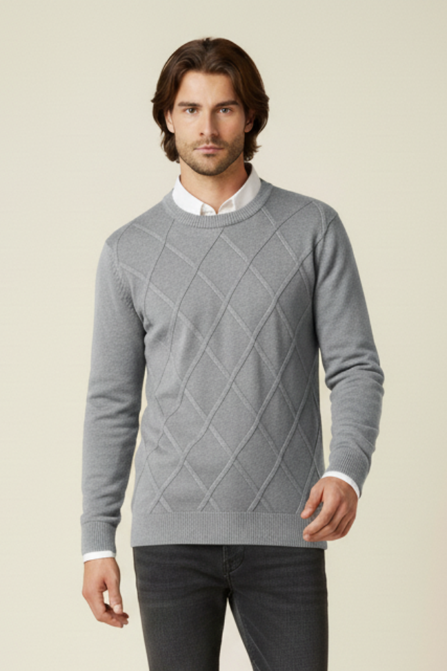 Fall Diamond Knit Cashmere Sweater — Classic Crew Neck Pullover for Layering