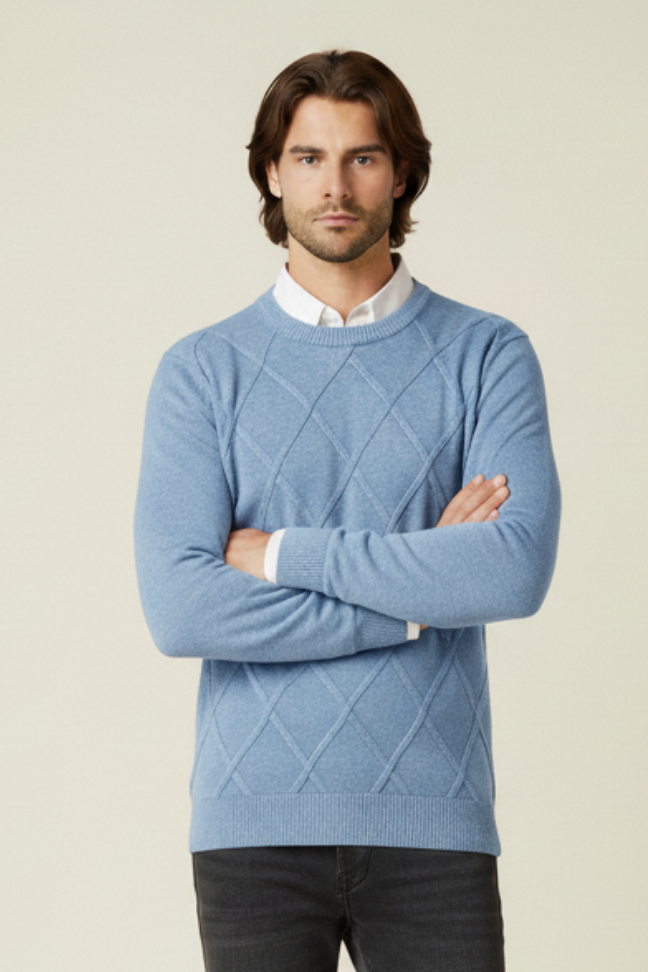Fall Diamond Knit Cashmere Sweater — Classic Crew Neck Pullover for Layering