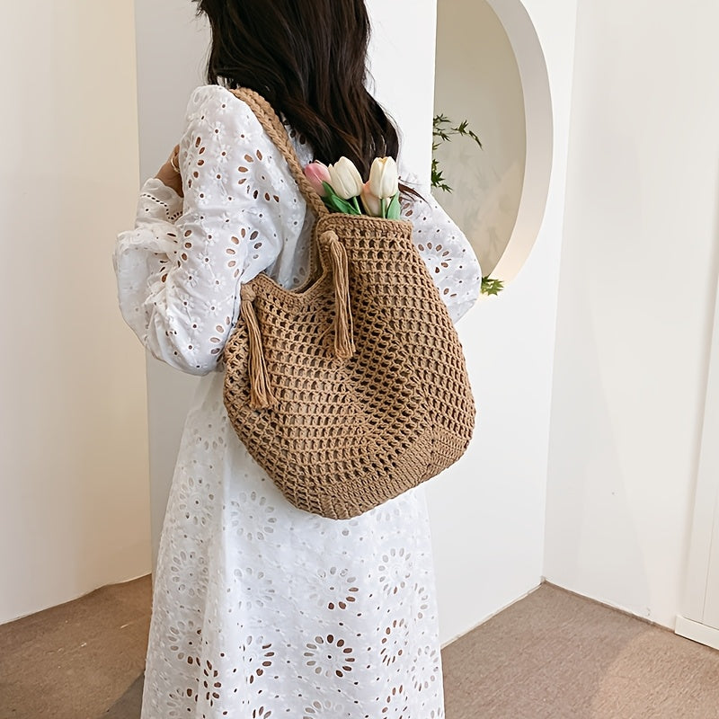 Womens Boho Shoulder Bag Woven Handles Two Color