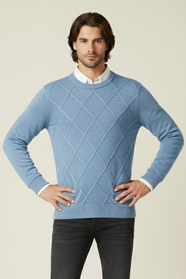 Fall Diamond Knit Cashmere Sweater — Classic Crew Neck Pullover for Layering