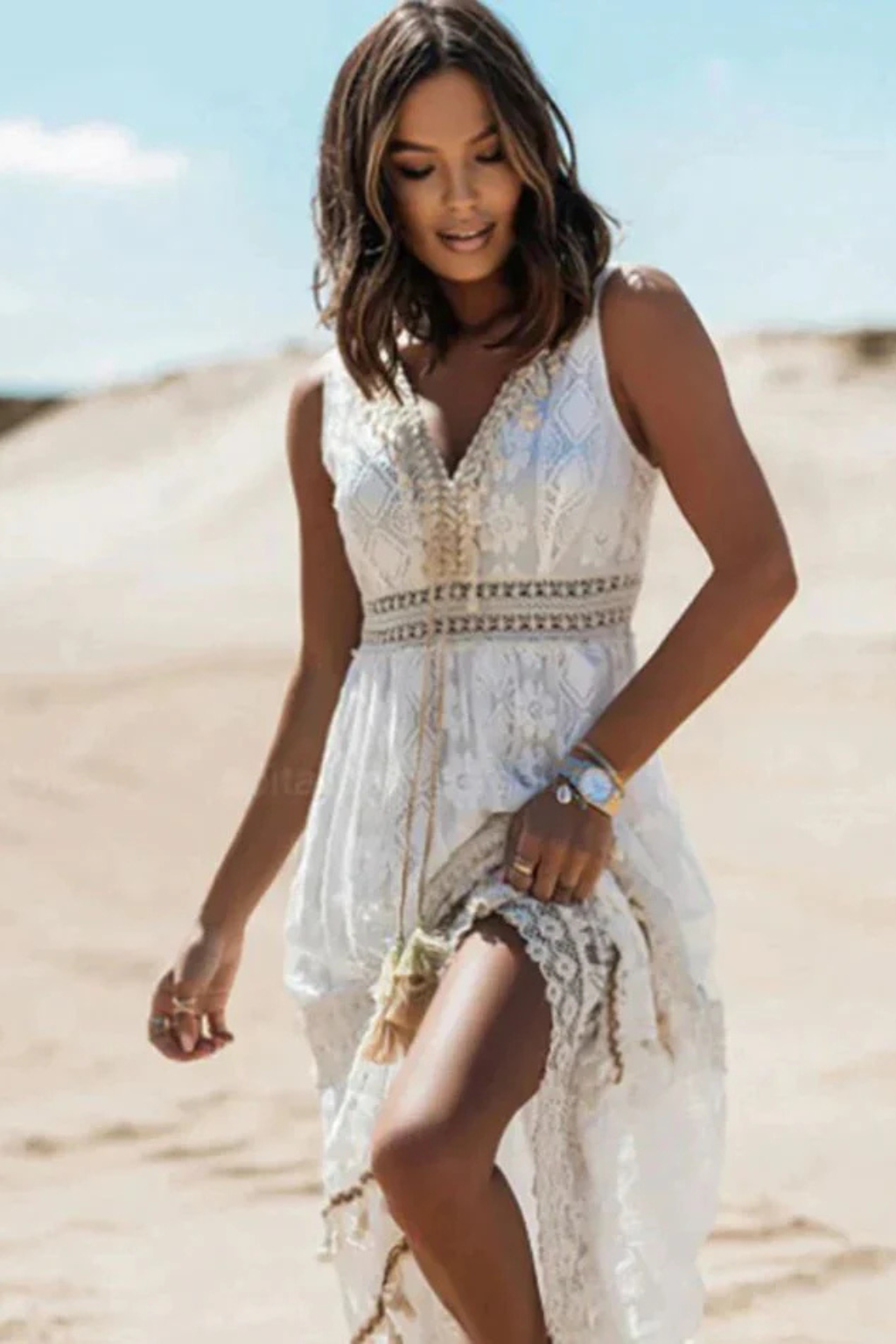 Womens Boho Maxi Summer Dress Lace Tassel V Neck