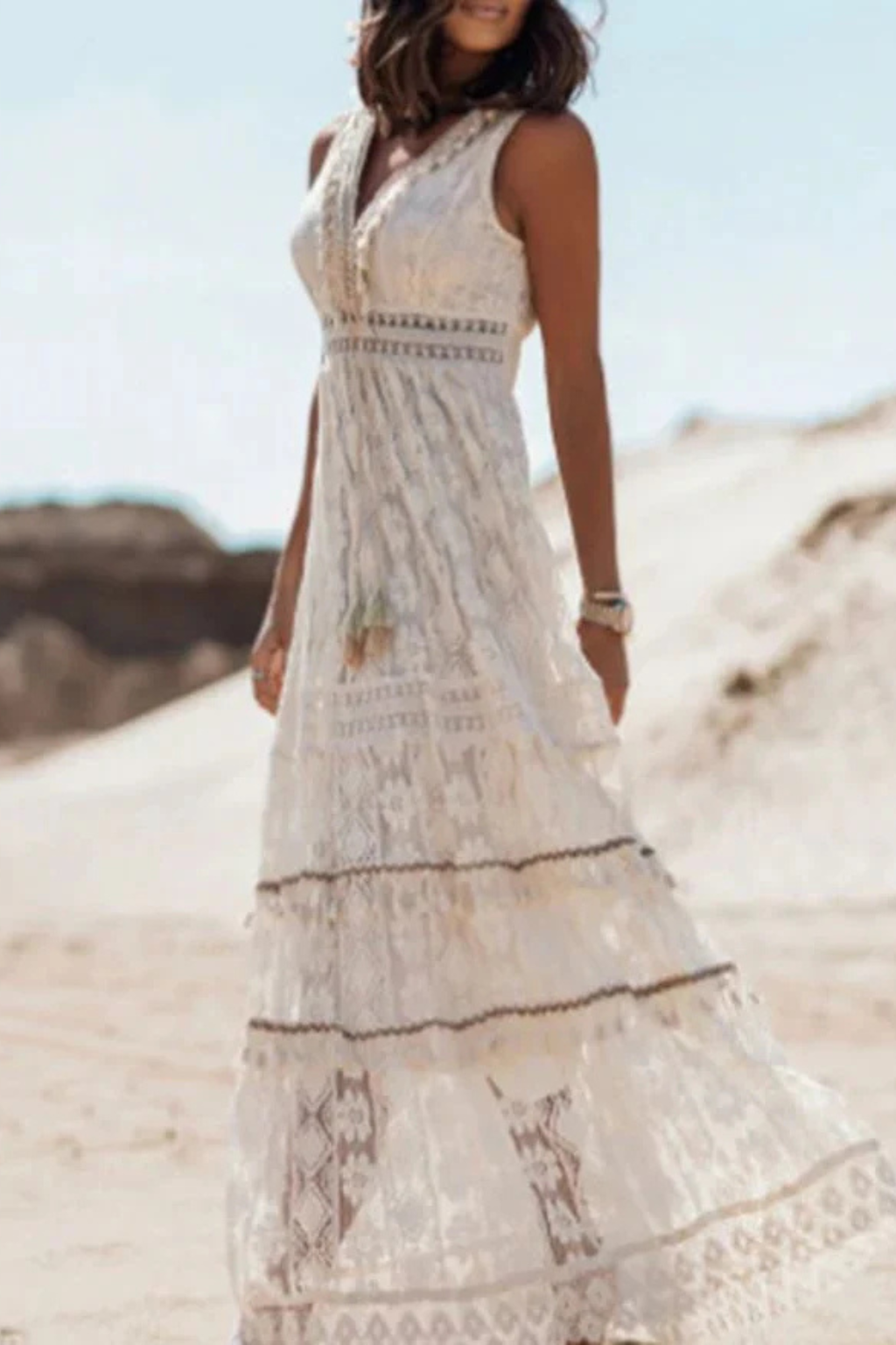 Womens Boho Maxi Summer Dress Lace Tassel V Neck