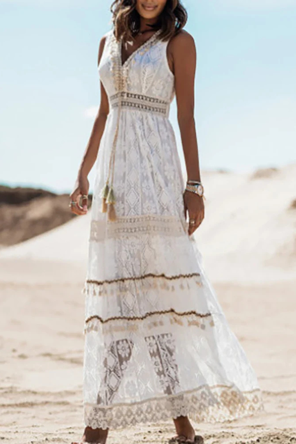 Womens Boho Maxi Summer Dress Lace Tassel V Neck