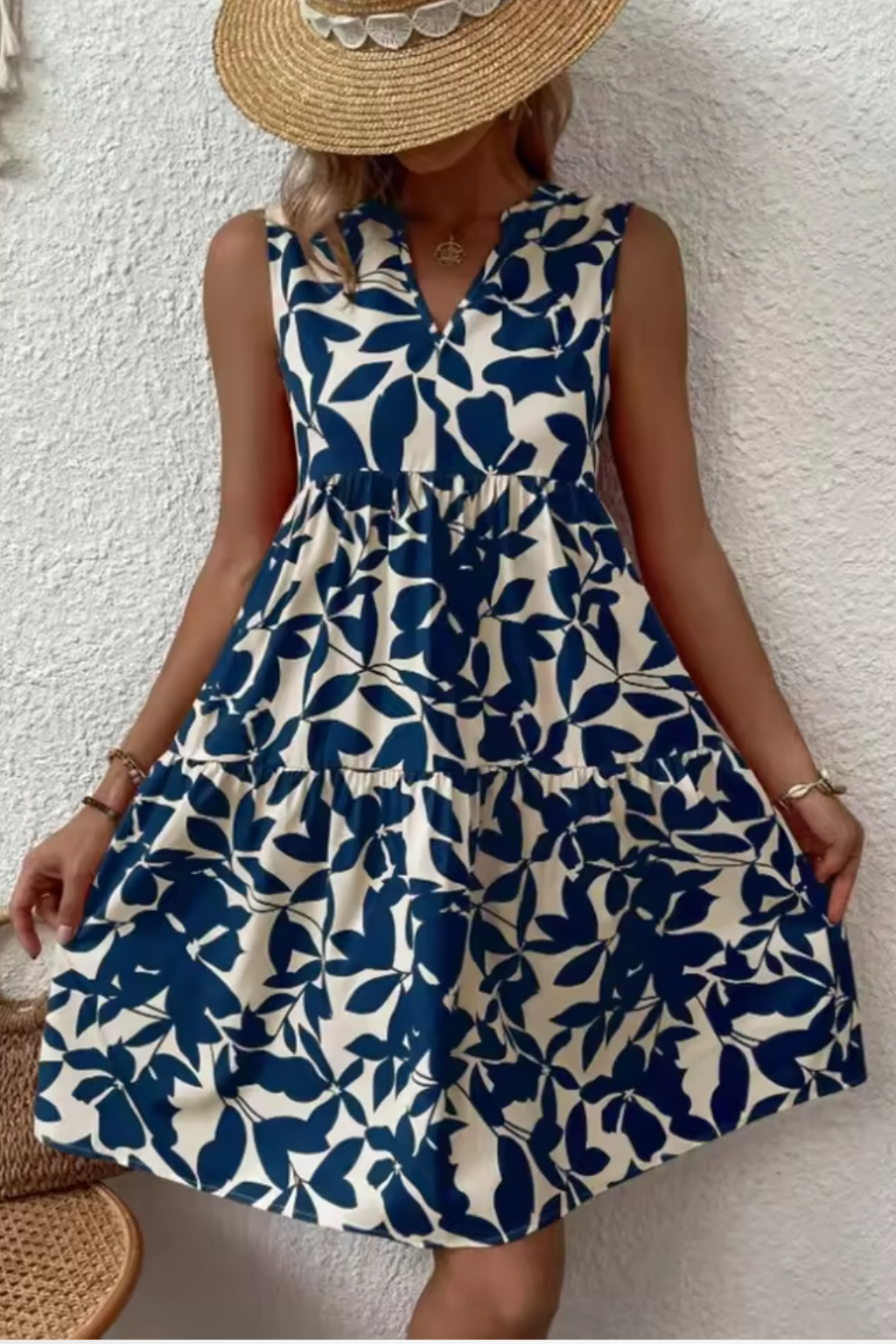 Womens Midi Summer Dress V Neck Leaf Print Four Color
