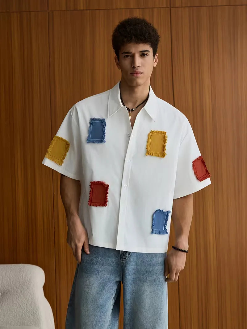 Mens Short Sleeve Patchwork Shirt