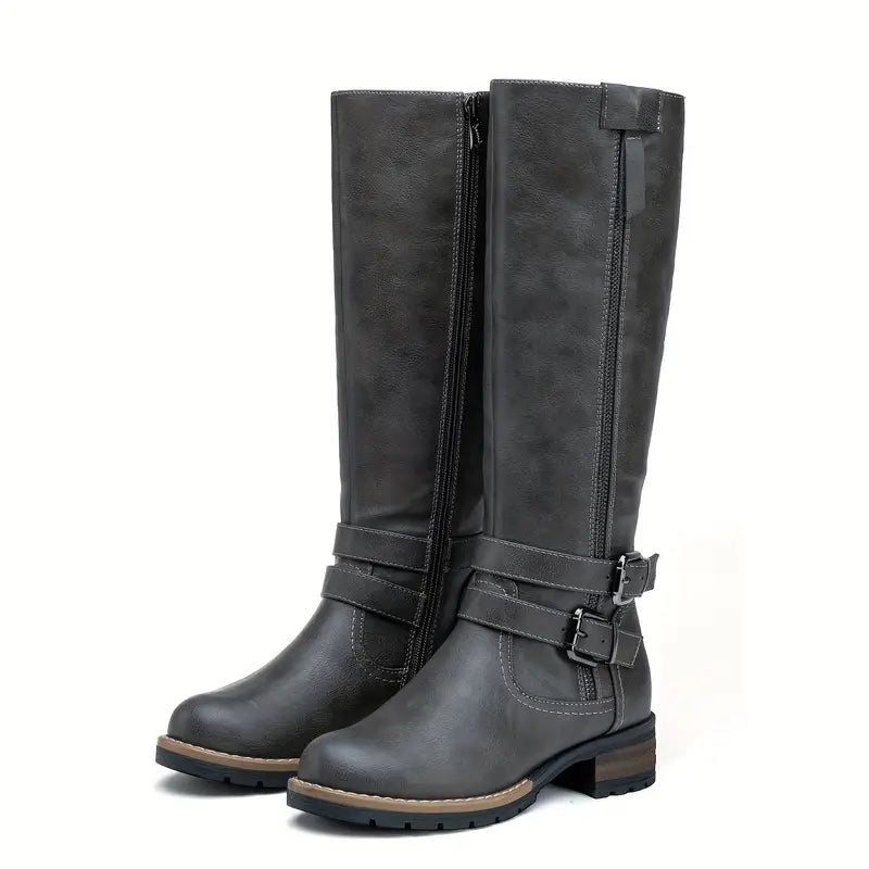 Tall Leather Boots Knee High Block Heel Round Toe Elegant