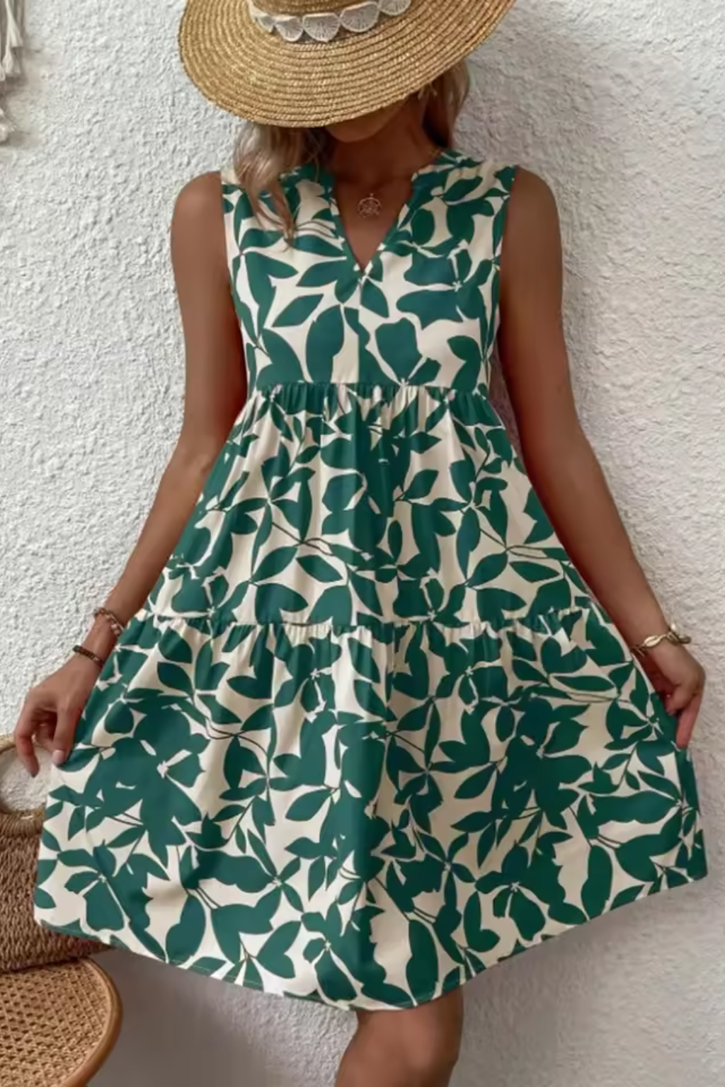 Womens Midi Summer Dress V Neck Leaf Print Four Color