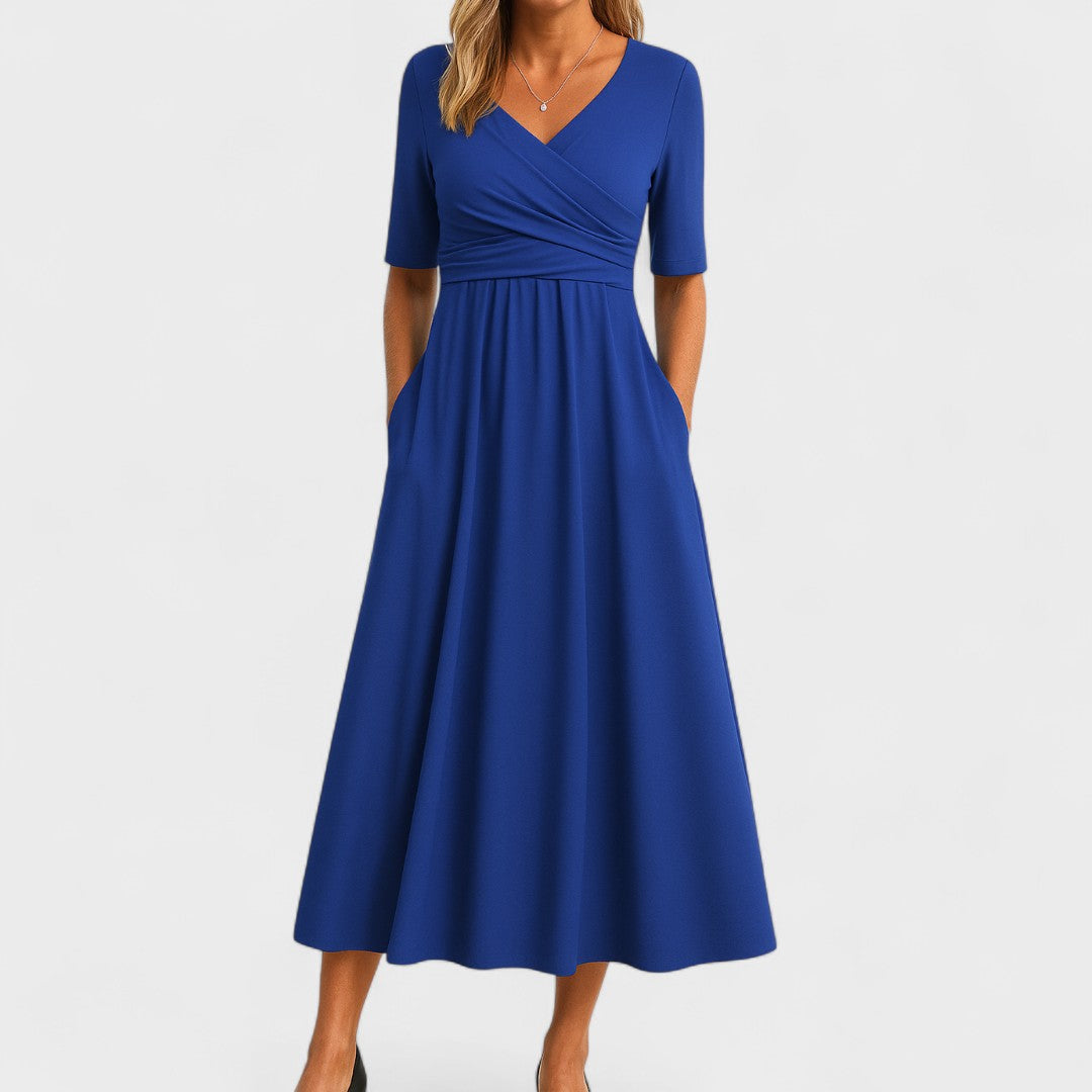 Midi Dress Surplice V-Neck Pleated Bodice Pockets