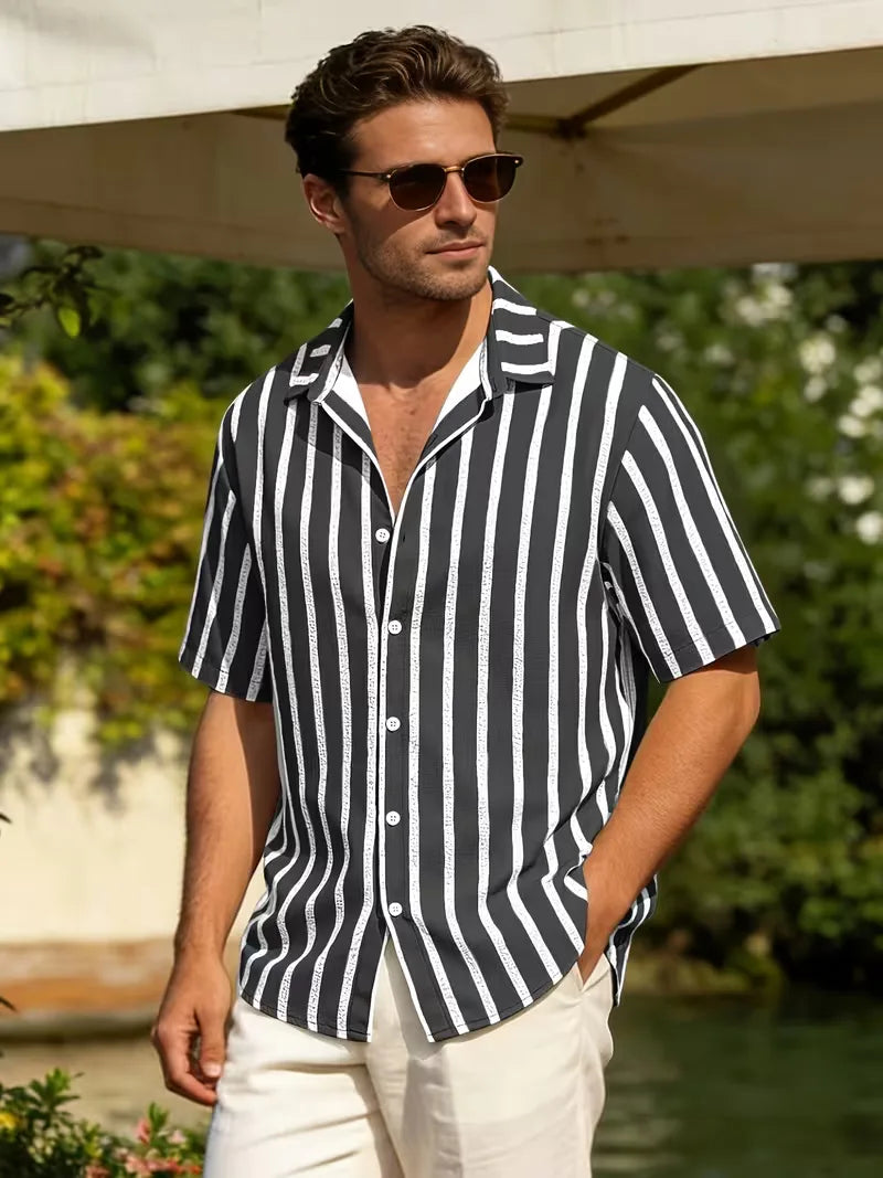 Mens Short Sleeve V Neck Stripe Shirt