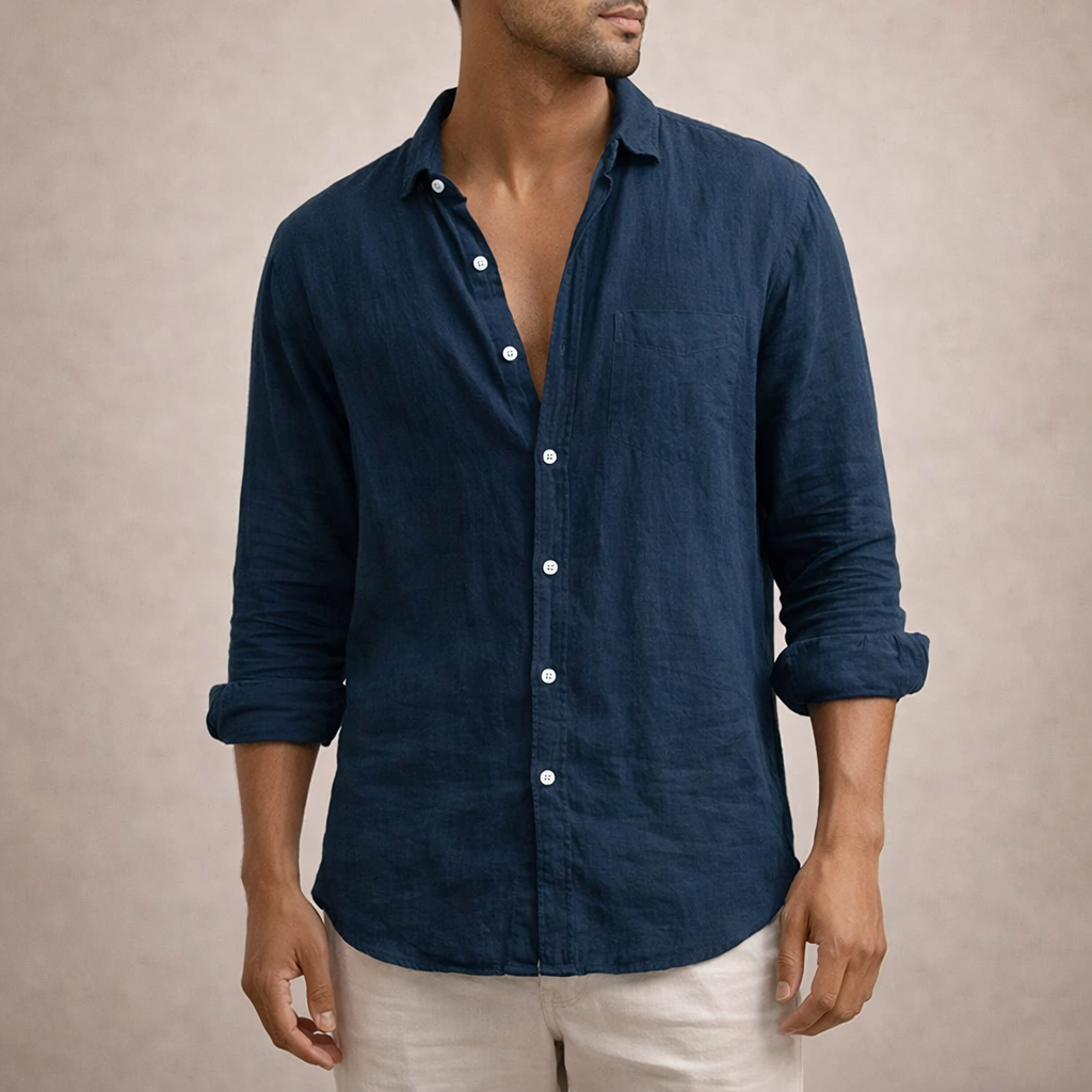 Mens Linen Shirt Open Collar Long Sleeve Regular Fit