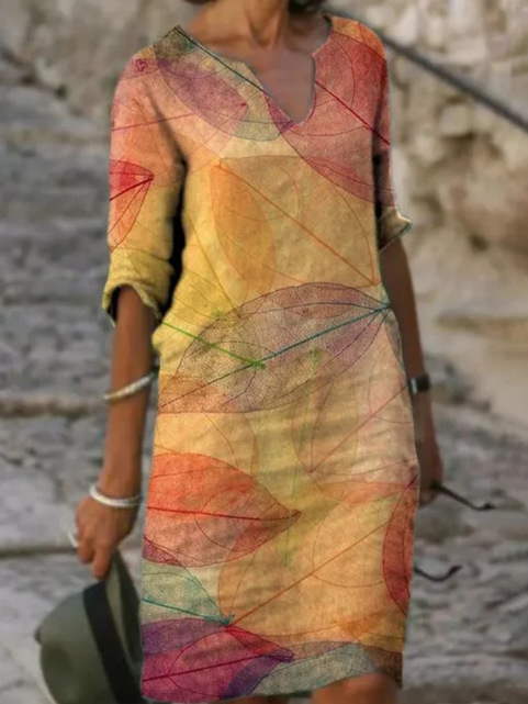 Printed V-Neck Midi Dress Flowing Short Sleeve