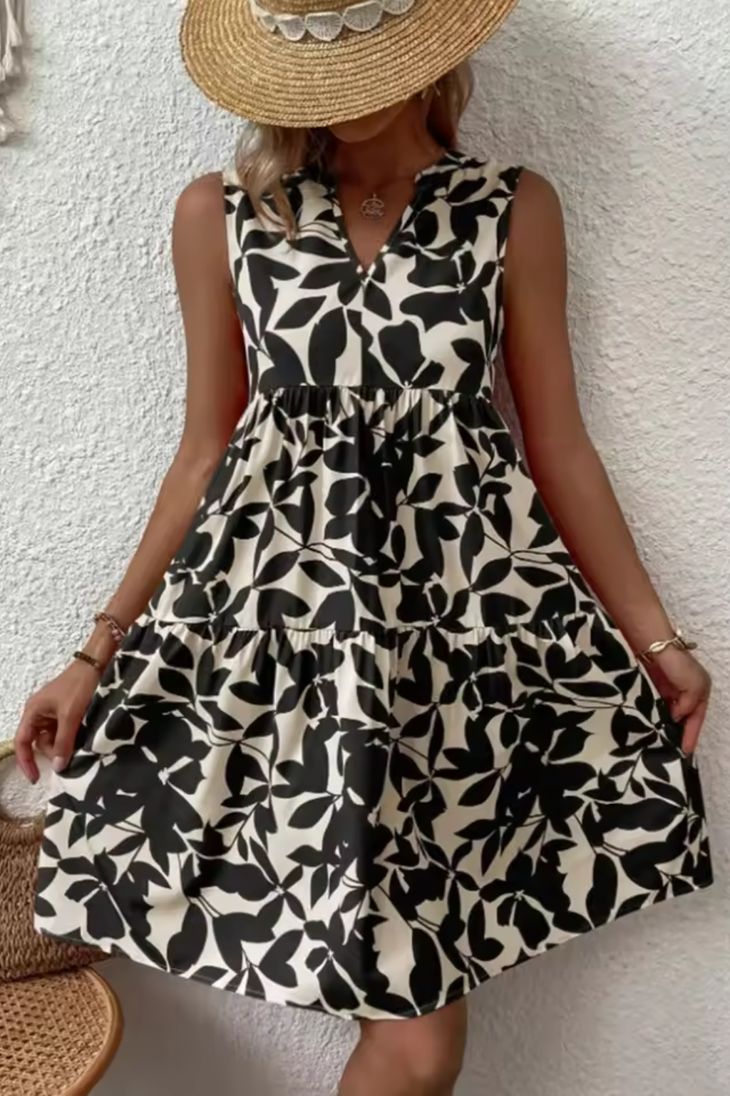 Womens Midi Summer Dress V Neck Leaf Print Four Color
