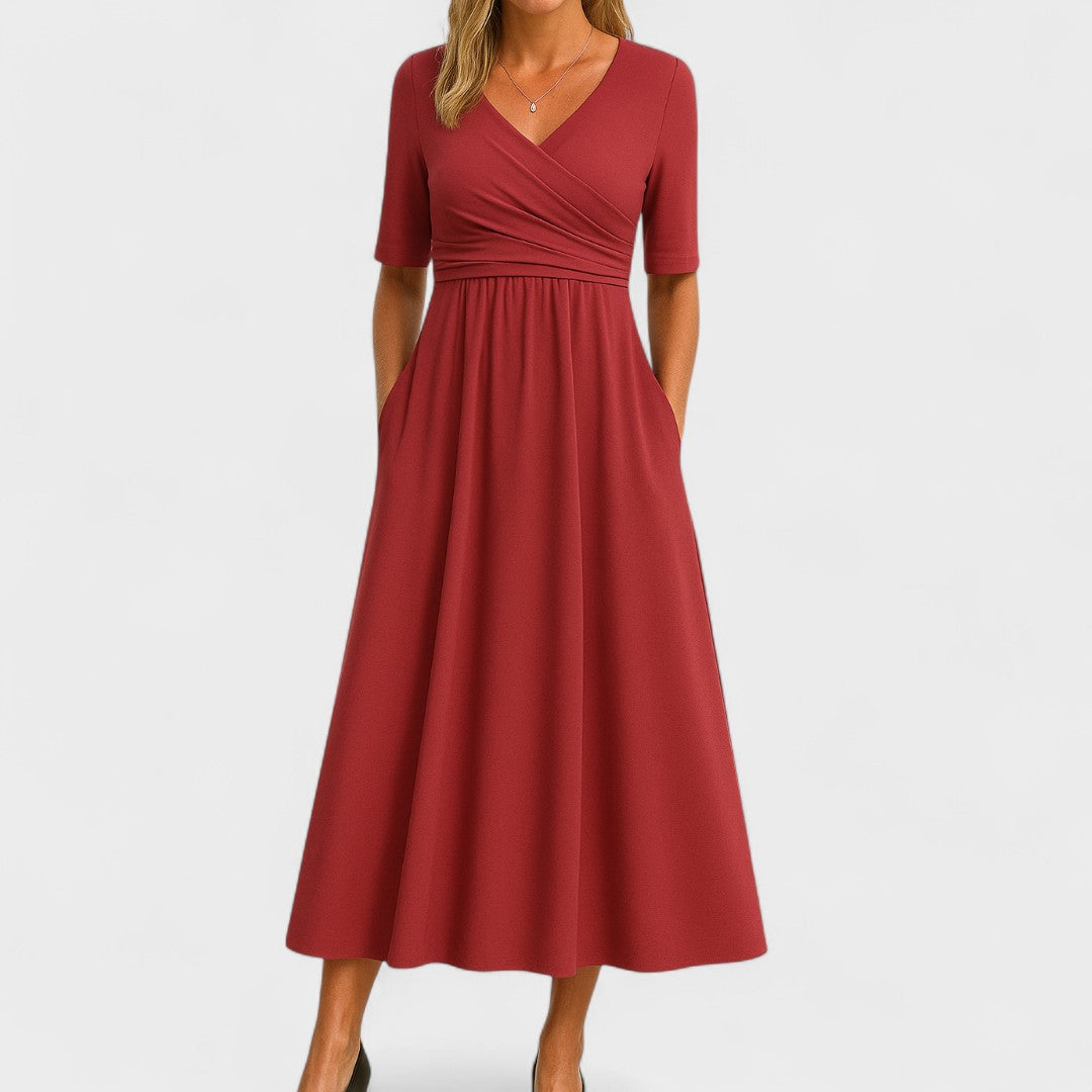 Midi Dress Surplice V-Neck Pleated Bodice Pockets